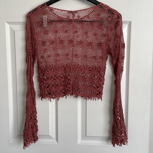 Knit Floral Crocheted Bell Sleeve Cropped Sheer Cover Up Shirt - Picture 2 of 5